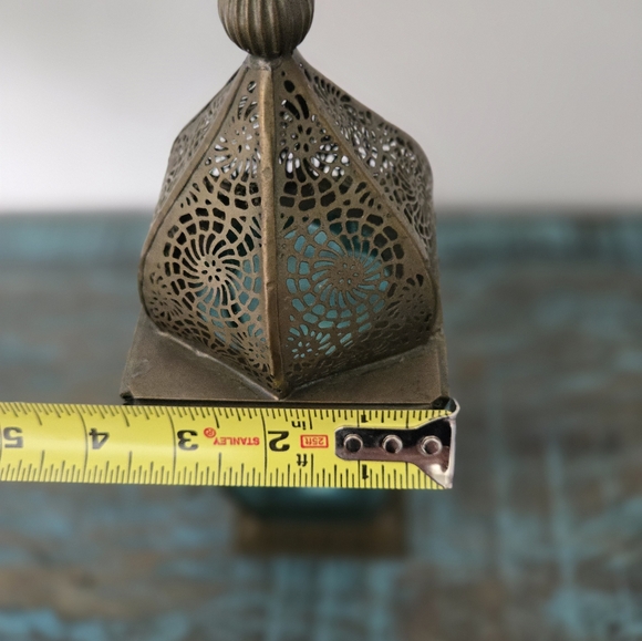 Moroccan Lantern Brass & Blue Glass Candle Holder Lamp - Picture 11 of 11